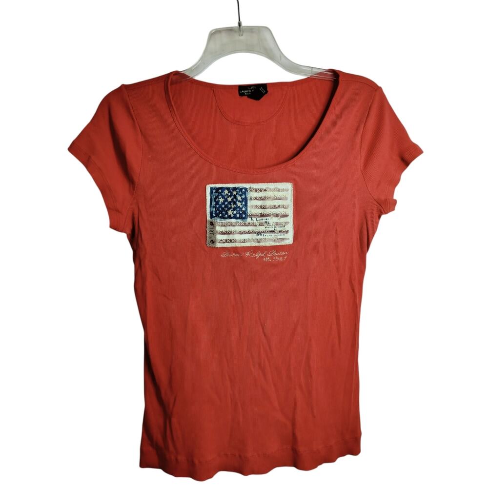 5613)LRL Jeans Co Orange L American Flag Patchwork Scoop Neck Ribbed Tee